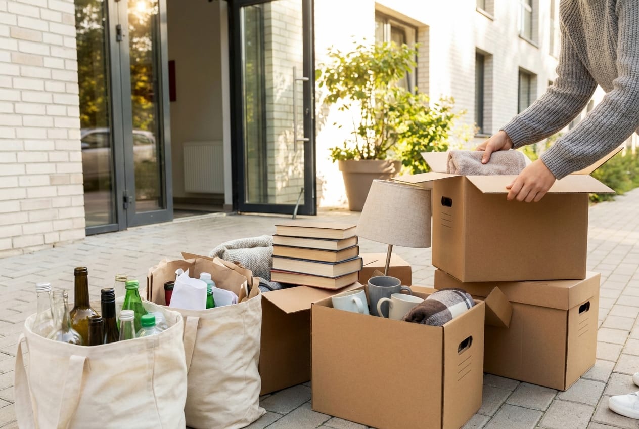 Gepackte Spendenkartons mit brauchbaren Haushaltsgegenständen und sortierte Wertstoffsäcke vor dem Hauseingang