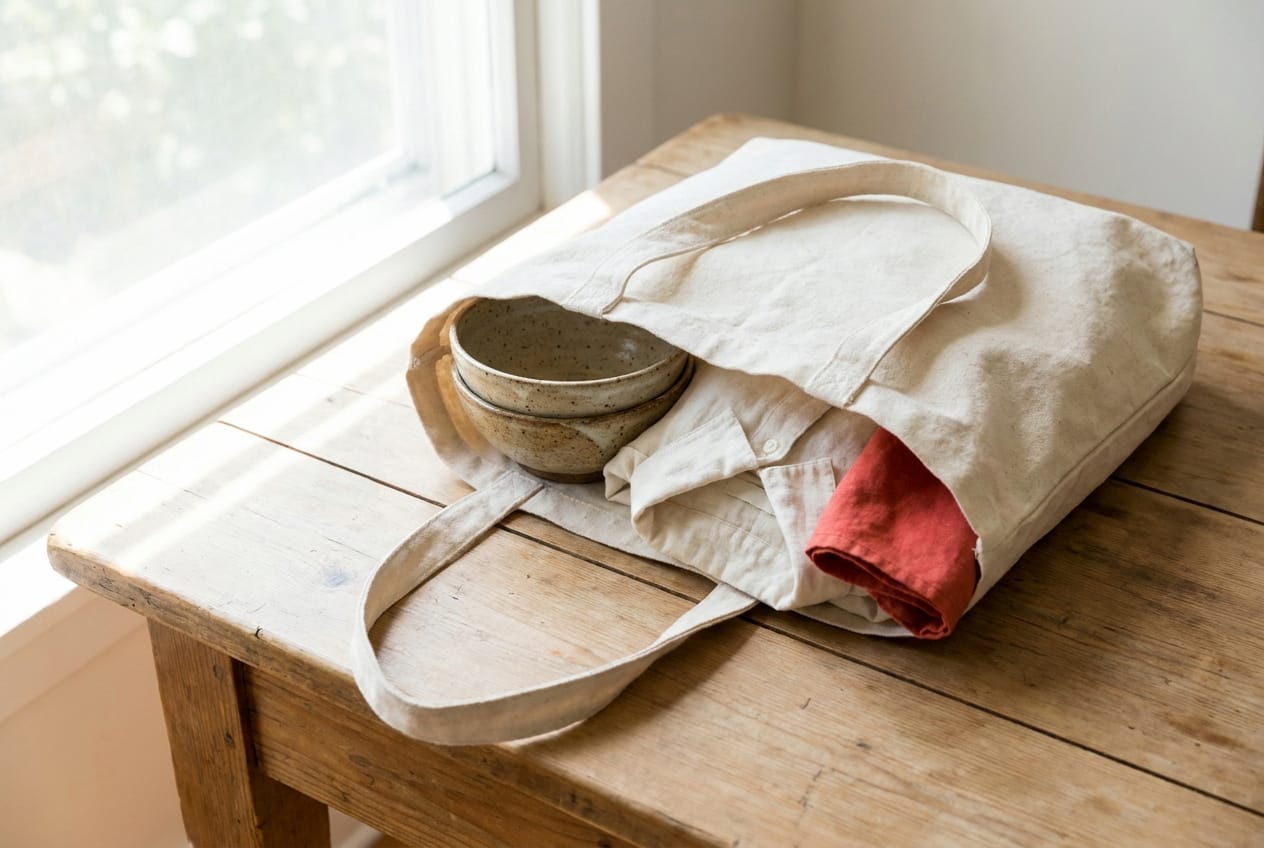 Stofftasche mit wenigen bewusst gewählten Dingen auf einem Holztisch - bewusster einkaufen
