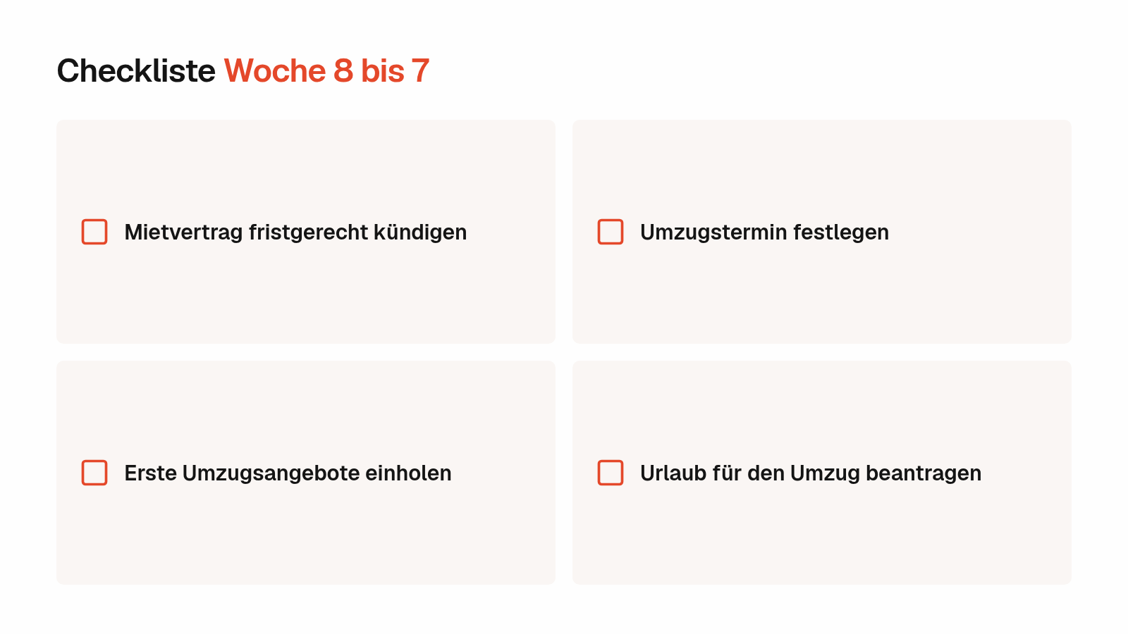 Checkliste Woche 8 bis 7: kündigen, Termin festlegen, Angebote einholen, Urlaub beantragen