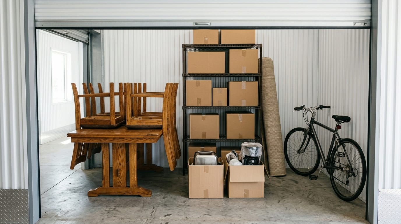 Standard-Lagerbox mit Massivholztisch, Stühlen, Kartons, Regal, Teppich und Fahrrad - robuste Sachen brauchen keine Klimatisierung
