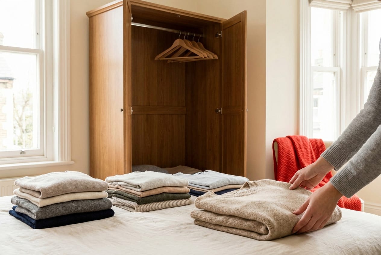 Kleiderschrank wird ausgemistet: gefaltete Kleidung auf dem Bett, leere Bügel im Schrank