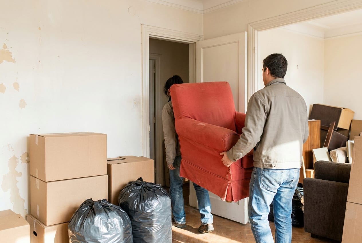Entrümpelung einer 3-Zimmer-Wohnung: Kartons, Müllsäcke und Möbel werden abtransportiert