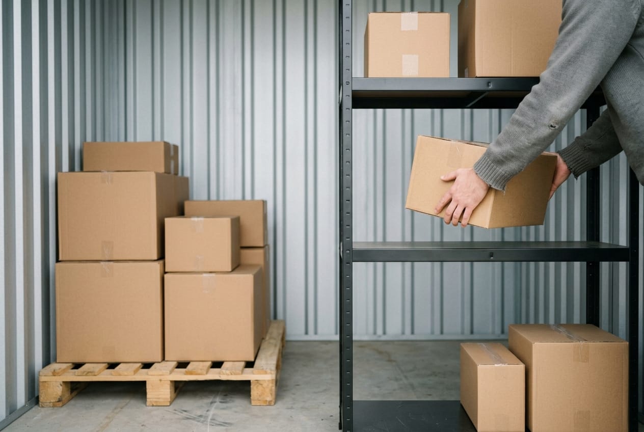 Umzugskartons auf Palette und Regal mit Abstand zur Wand in einer Self-Storage-Box - richtige Lagerung schützt vor Feuchtigkeitsschäden