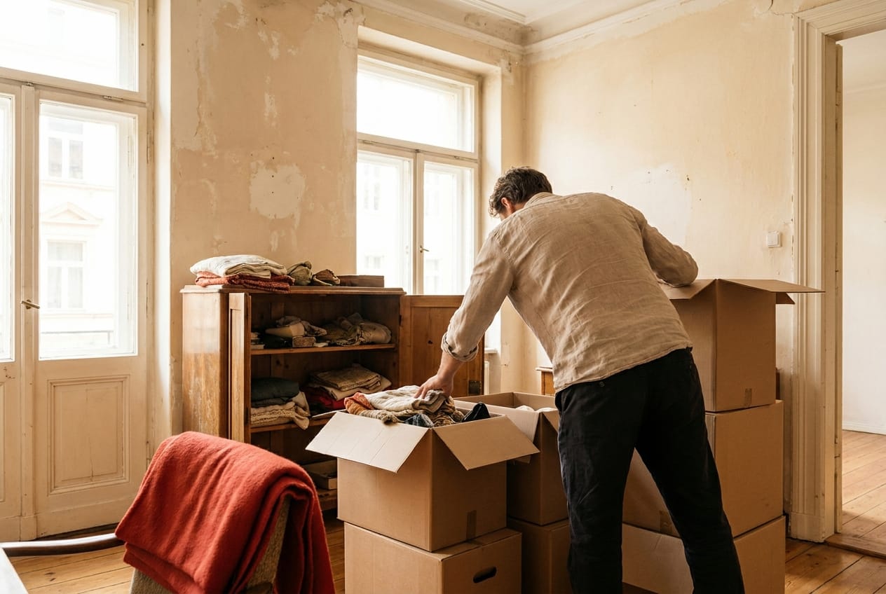 Haushaltsgegenstände werden in einer Altbauwohnung in Kartons sortiert