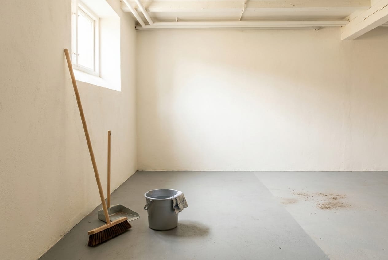 Leergeräumter Kellerraum beim Reinigen mit Besen, Kehrschaufel und Wischeimer auf dem Betonboden