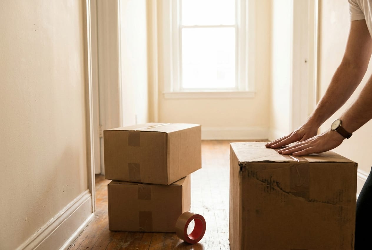 Letzter gepackter Karton wird geschlossen - die Haushaltsauflösung ist geschafft