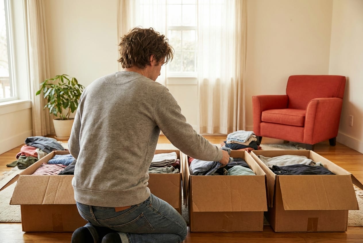 Vier Kartons im Wohnzimmer - Kleidung wird nach der 4-Kisten-Methode sortiert