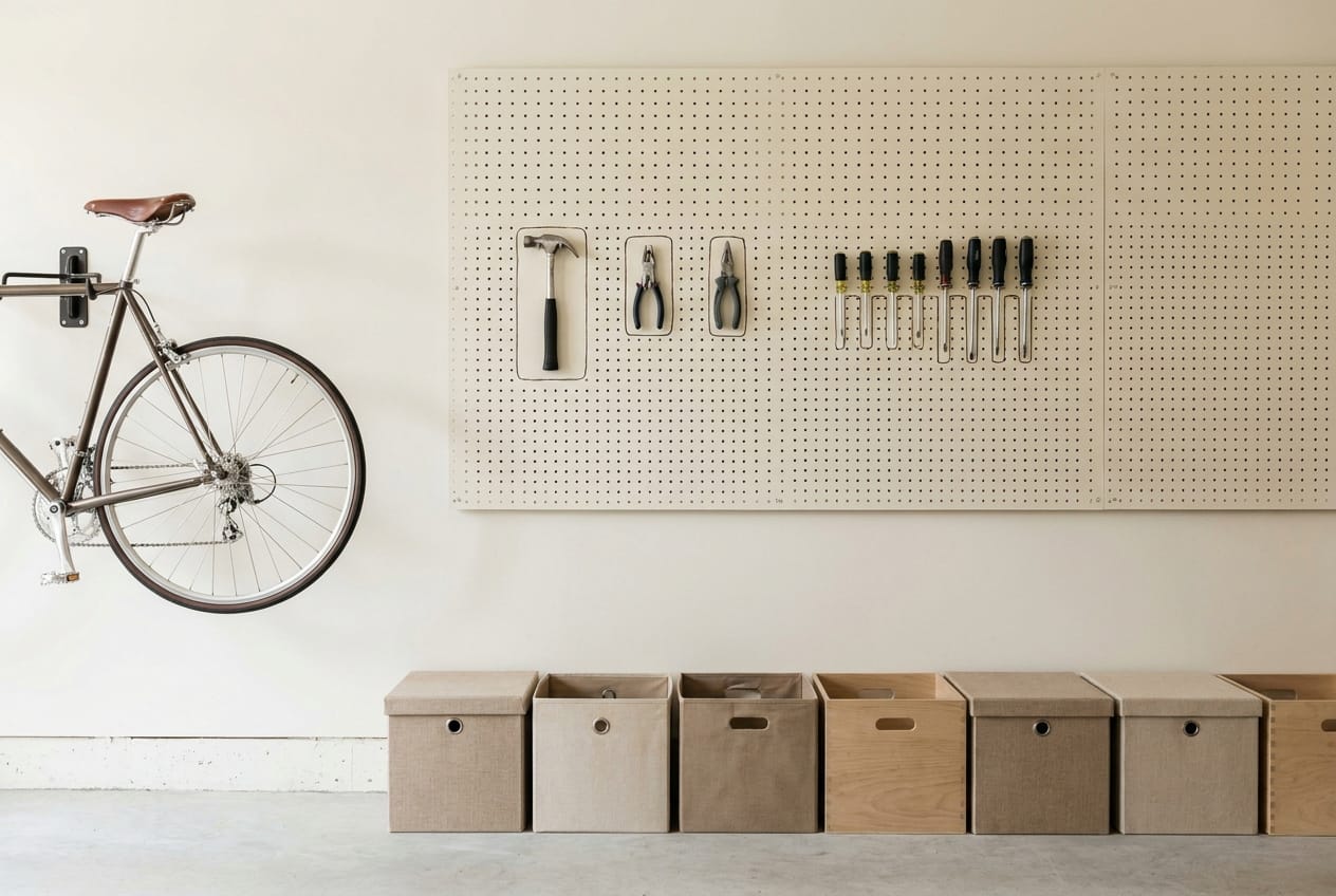 Ordentliche Kellerwand mit Werkzeug-Lochwand, Fahrrad-Wandhalterung und Boxenreihe - jedes Teil hat seinen festen Platz