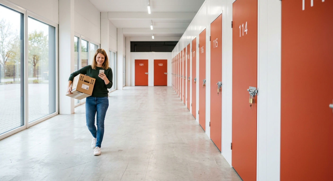 Frau mit Umzugskarton und Smartphone in einer hellen mehrstöckigen Selfstorage-Anlage in Deutschland