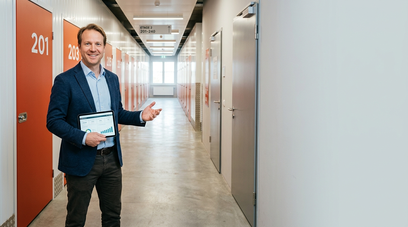 Selfstorage-Betreiber mit Tablet und Belegungsdaten in einer modernen mehrstöckigen Lageranlage in Deutschland