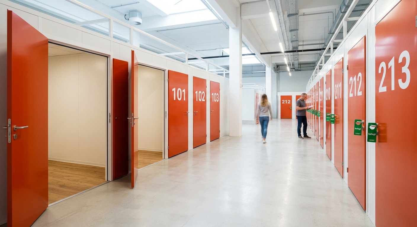 Korridor in einer deutschen Selfstorage-Anlage: leere Boxen links, belegte Boxen mit Buchungs-Anhängern rechts