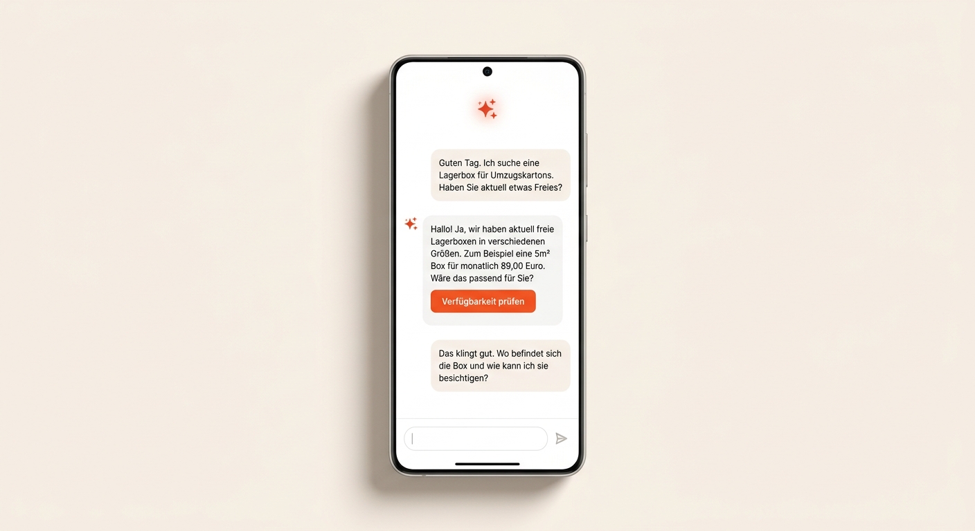 KI-Assistent beantwortet auf dem Smartphone eine Kundenanfrage zu einer freien Lagerbox