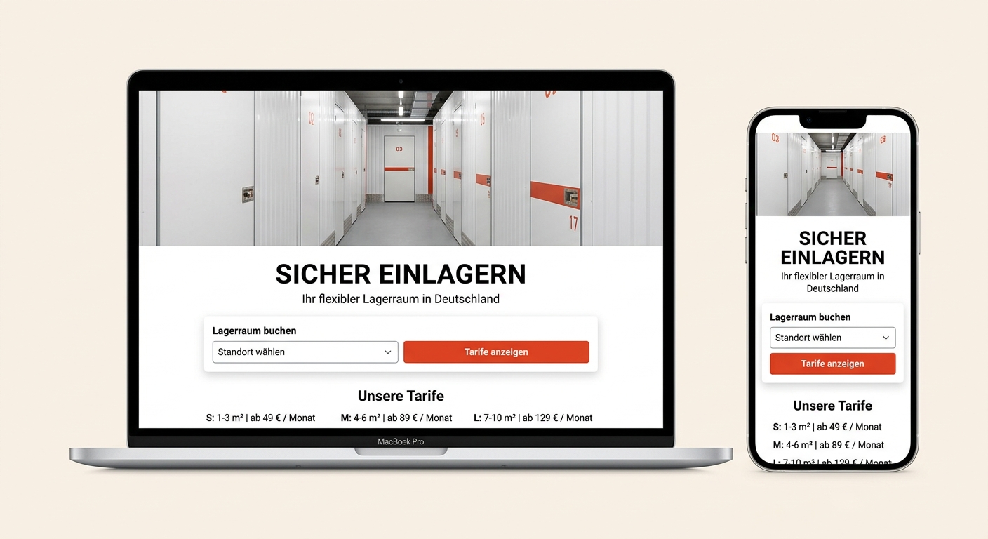 Kostenlose Buchungs-Website für Selfstorage auf Laptop und Smartphone mit Tarifen