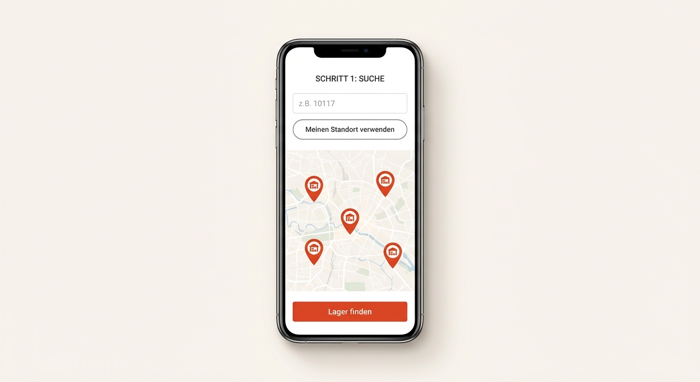Kubora-App: PLZ eingeben und freie Lagerräume in der Nähe auf der Karte finden