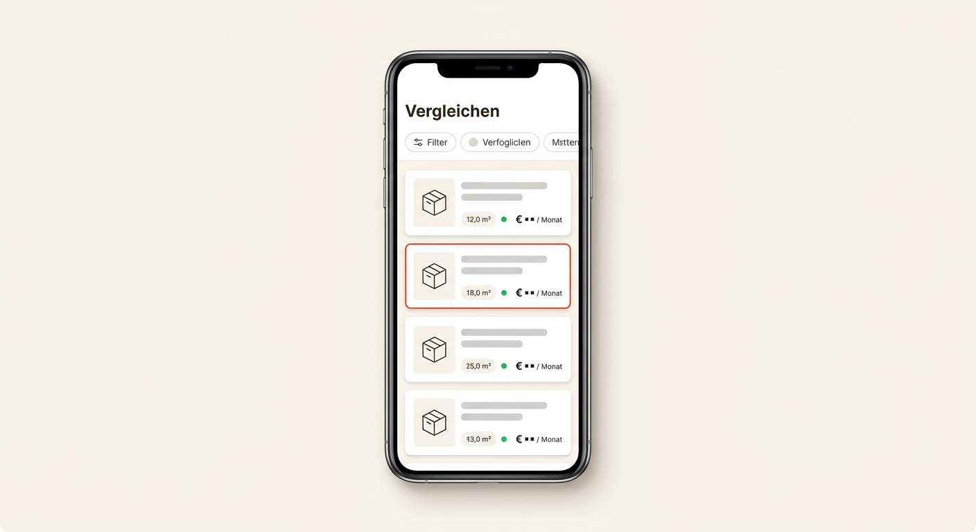 Kubora-App: Lagerboxen nach Größe, Ausstattung und Preis pro Monat vergleichen